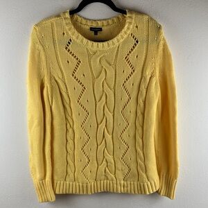 Talbots Yellow Cable Knit Sweater Size M Eyelet Zigzag Detail Cozy Cotton Blend